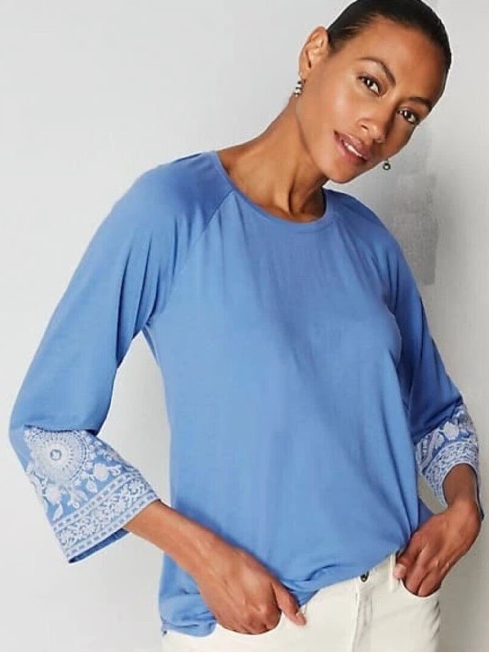 J. Jill Paisley Embroidered Knit Top Women's 3X Blue Cotton Blend Stretch Boho